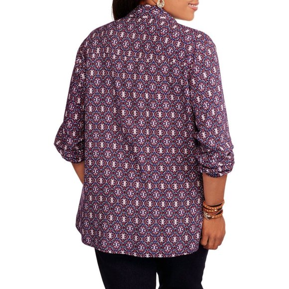 Concepts Ladies Button Down Shirt Tie-Neck Long-Sleeve Vintage Print Plus 4X NWT - Picture 2 of 6